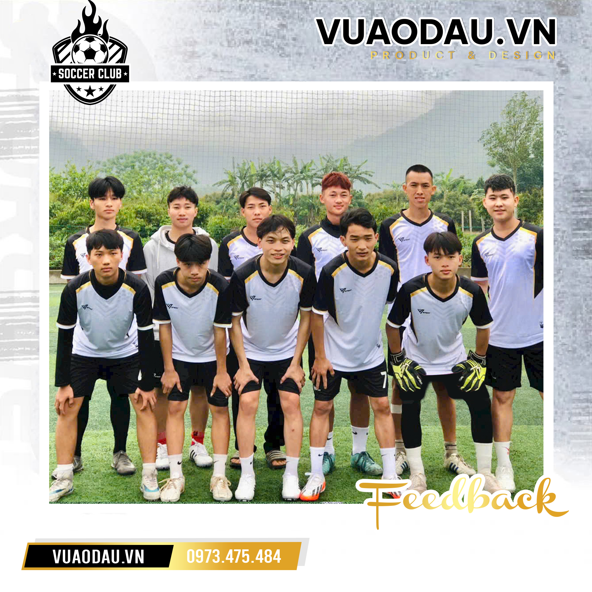 Bộ áo bóng đá thiết kế màu trắng phối đen viền vàng kim chuyên nghiệp