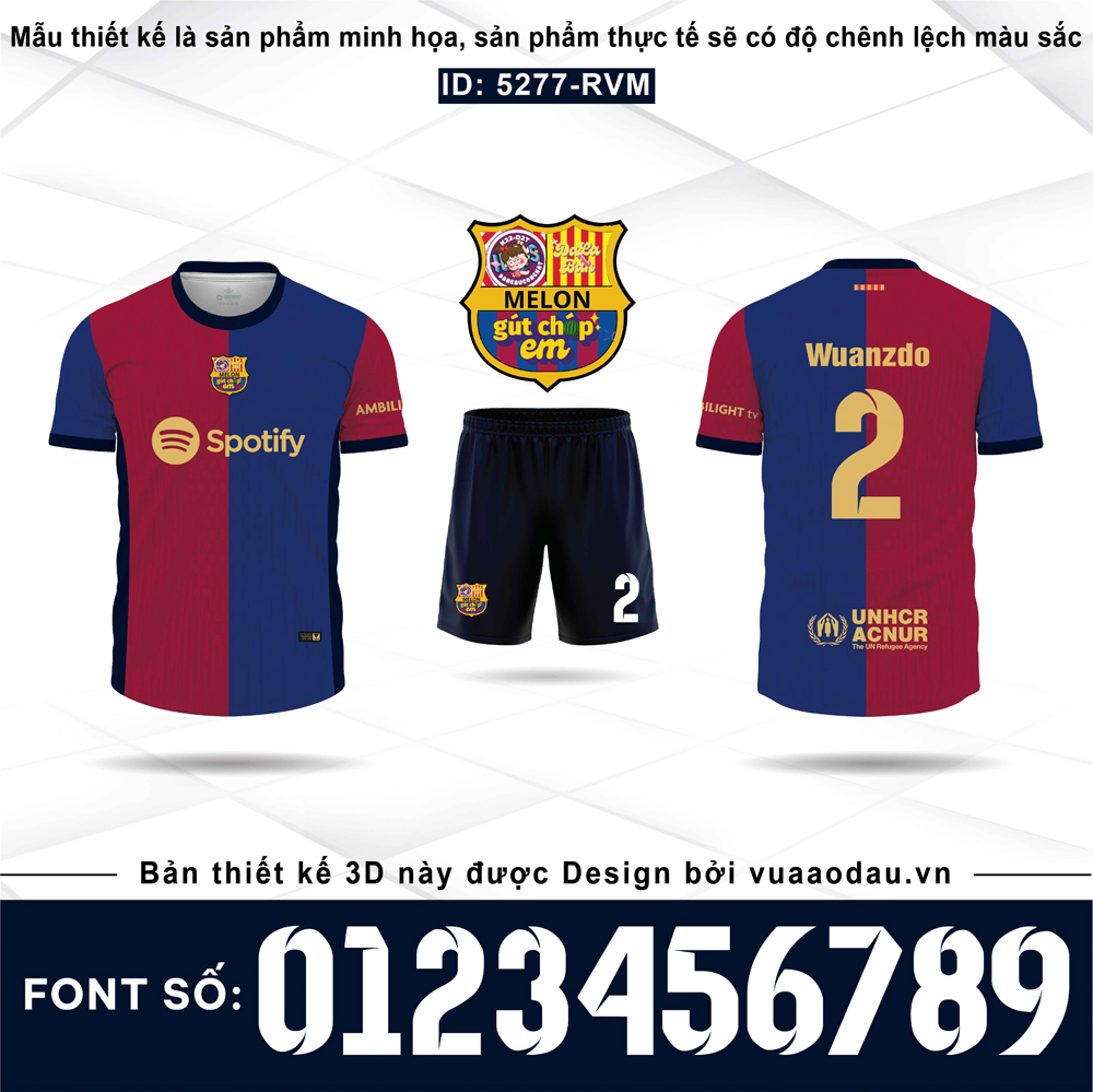 Áo bóng đá thiết kế 5277-RVM phối màu xanh navy và đỏ đô, cảm hứng Barcelona