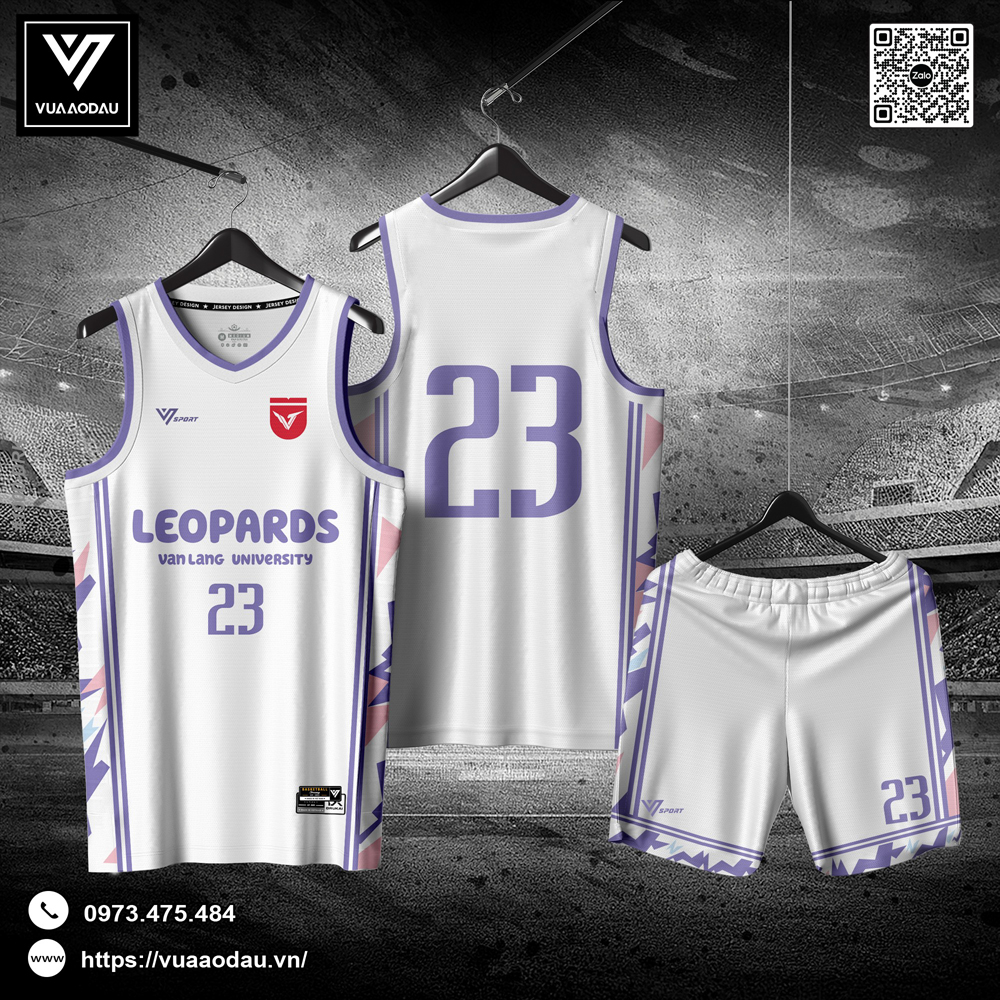 Bộ đồng phục bóng rổ Leopards VLU màu trắng tím sáng tạo