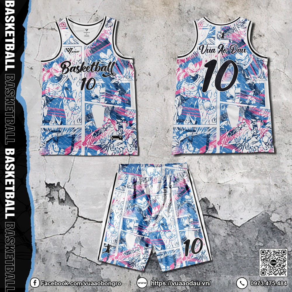 Áo bóng rổ màu trắng phối xanh navy, hồng neon phong cách manga Nhật