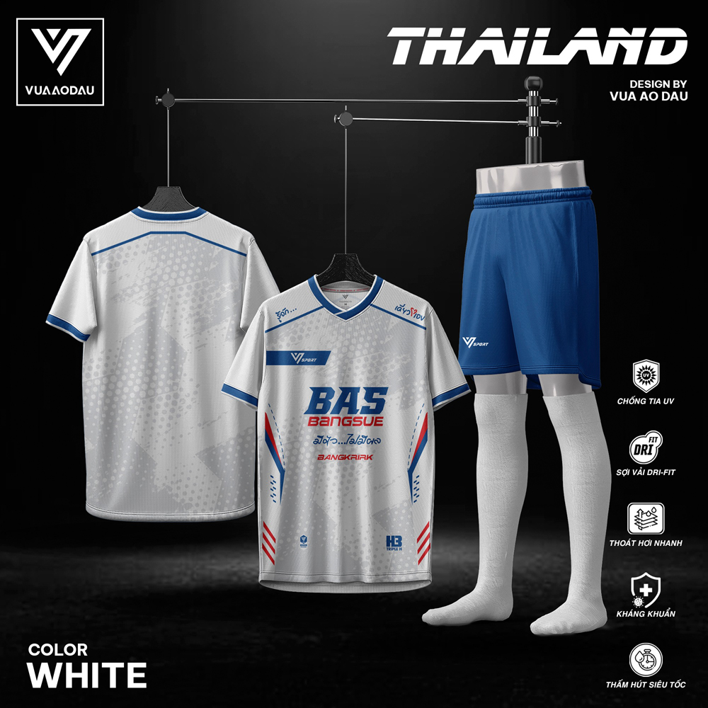 Áo bóng đá không logo Thailand màu trắng phối xanh đỏ, chống nắng, thấm hút mồ hôi tốt