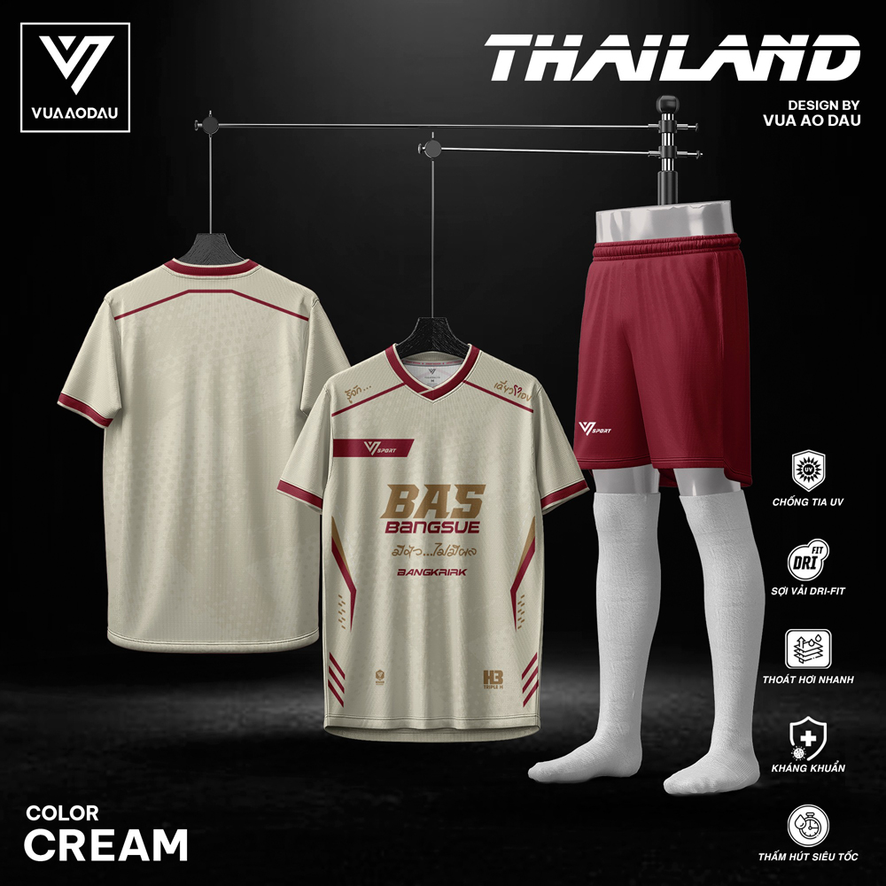 Áo bóng đá không logo Thailand màu kem phối đỏ đô chống tia UV, thoát hơi nhanh