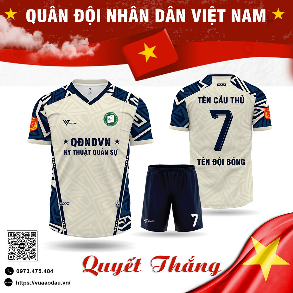 Áo bóng đá thiết kế Quân đội Nhân dân Việt Nam màu trắng kem xanh navy