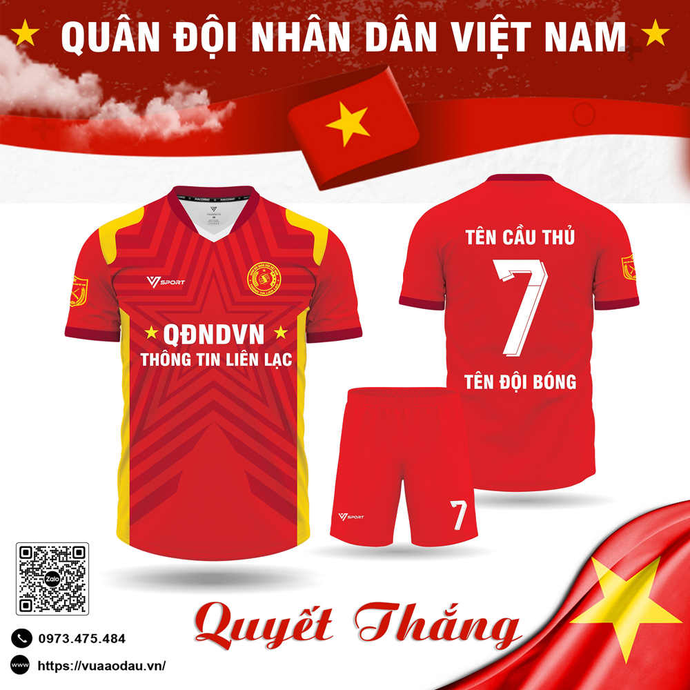 Đồng phục thể thao Quân đội Nhân dân Việt Nam màu đỏ với họa tiết sao và chữ V