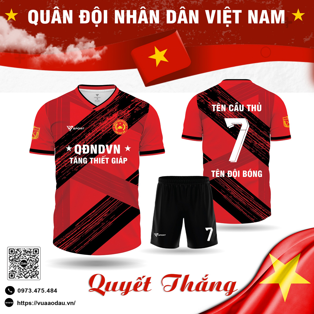 Áo bóng đá thiết kế quân đội màu đỏ tươi, sọc đen mạnh mẽ