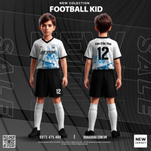 Áo bóng đá trẻ em Football Kid – Trắng Đen phối Xanh Dương