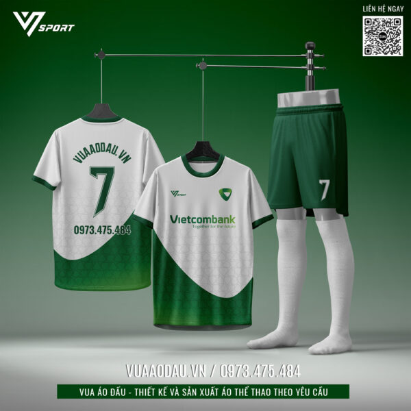 Áo đấu thiết kế V7 Sport trắng phối xanh lá – Siêu phẩm thể thao Vietcombank