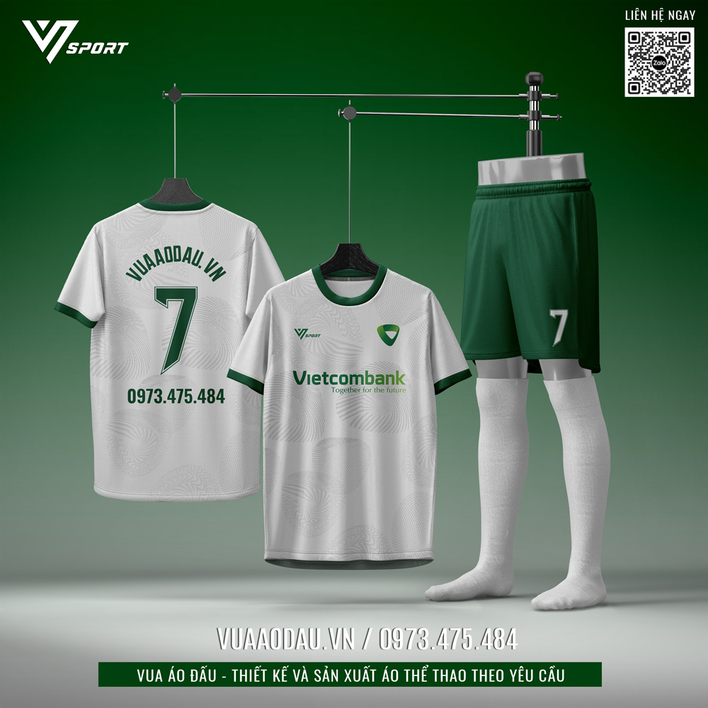 Áo bóng đá thiết kế Vietcombank màu trắng phối xanh lá đậm
