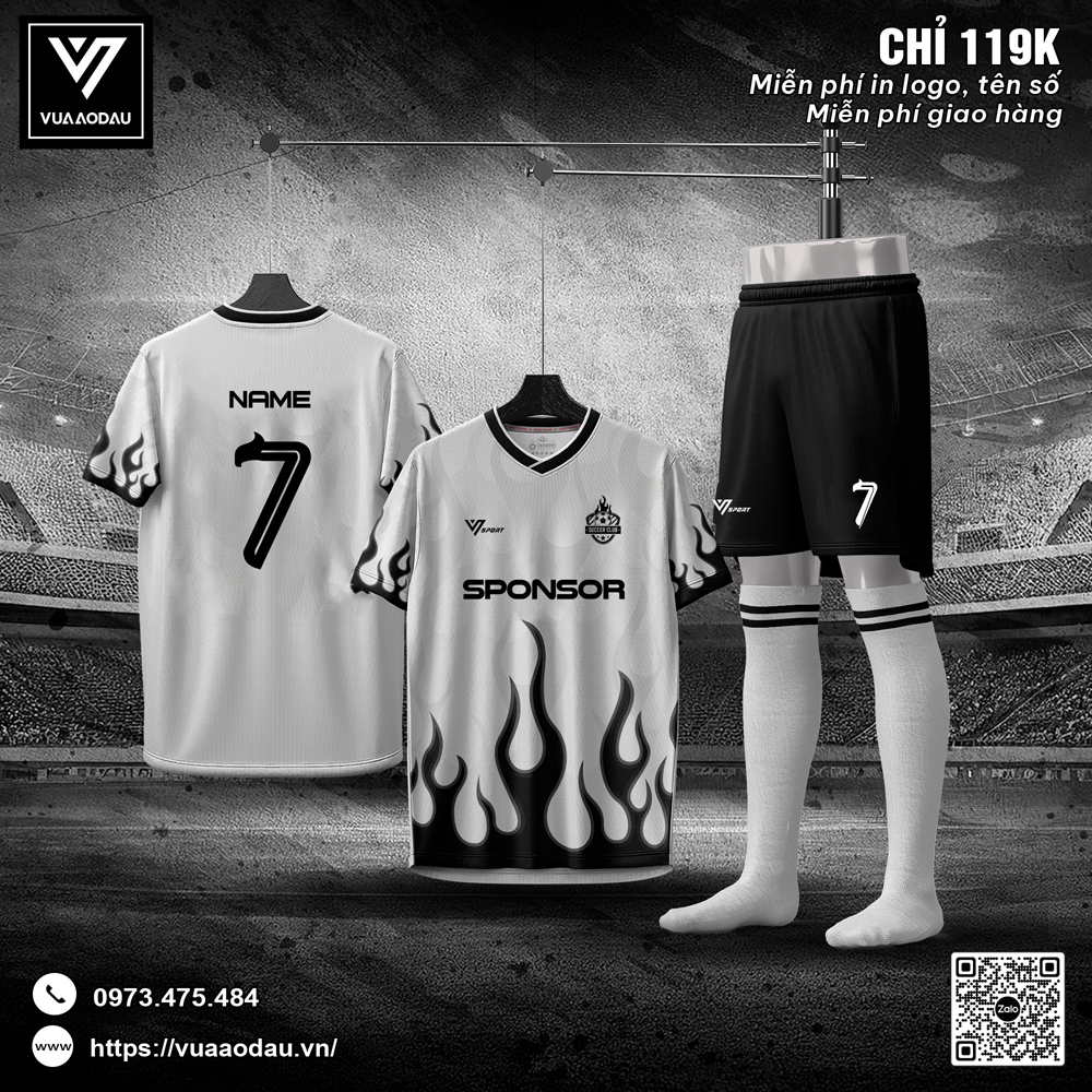 Bộ đồ đá banh trắng đen họa tiết ngọn lửa rực cháy