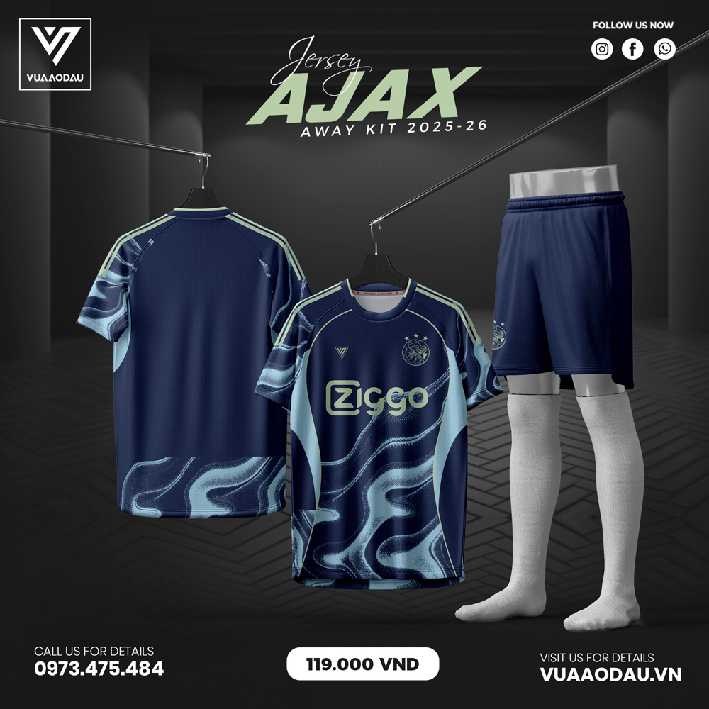 Áo bóng đá Ajax 2025-26 sân khách màu xanh navy đậm với họa tiết sóng hiện đại