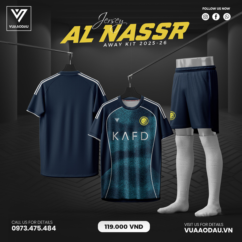Bộ áo bóng đá sân khách Al Nassr 2025–2026 màu xanh navy