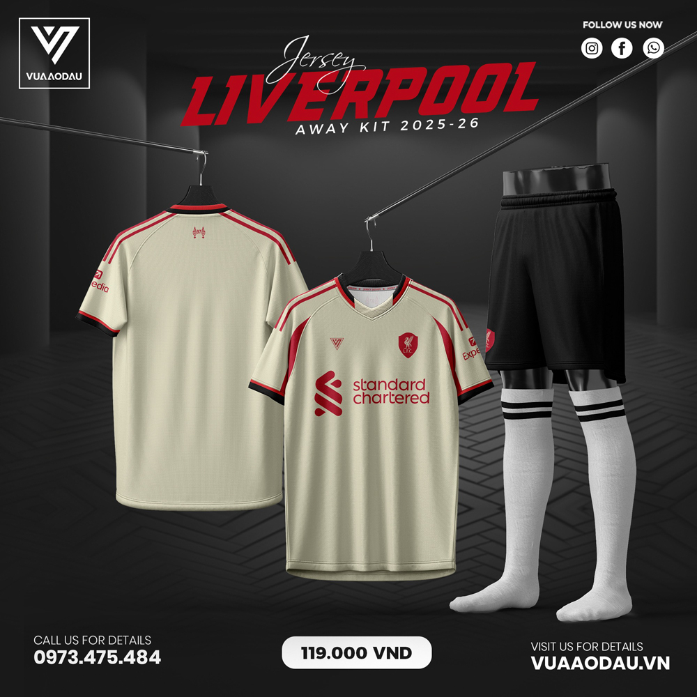 Áo đấu Liverpool sân khách 2025-2026 màu kem viền đỏ