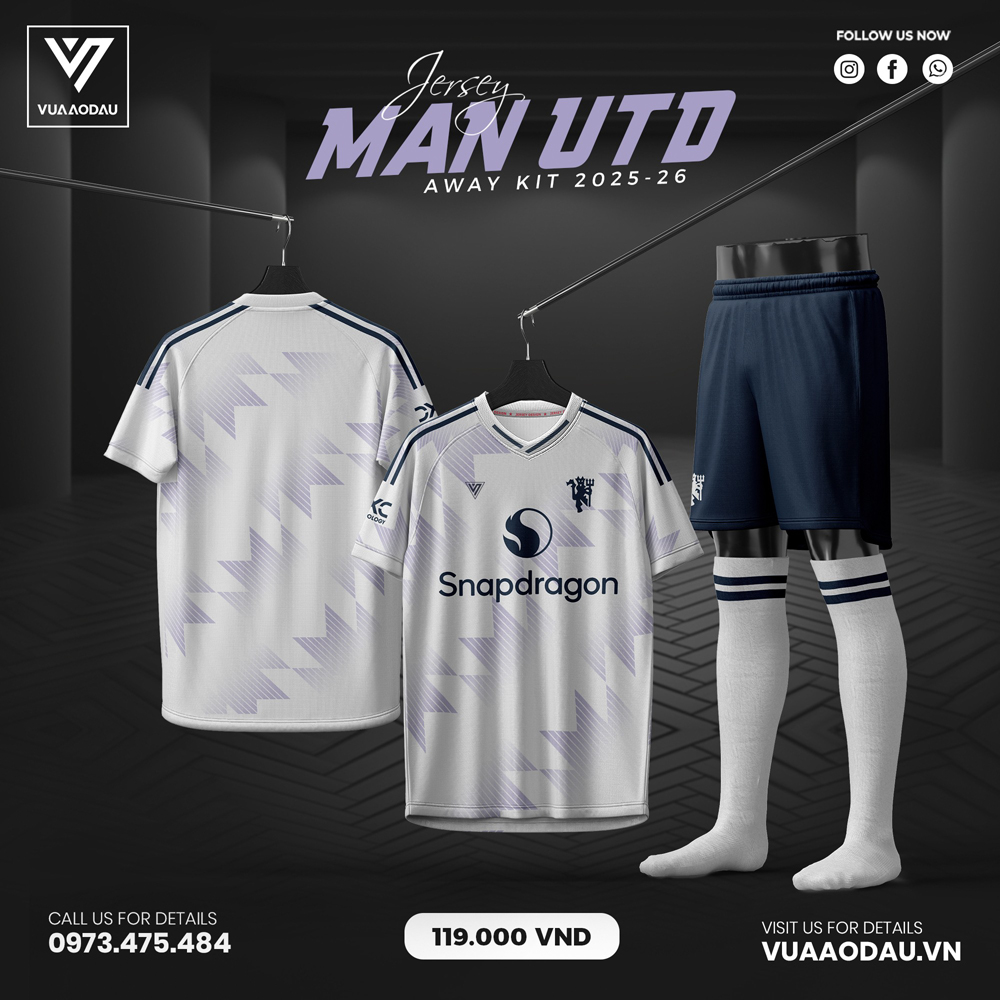 Áo đấu Manchester United sân khách 2025-2026 màu trắng tím nhạt