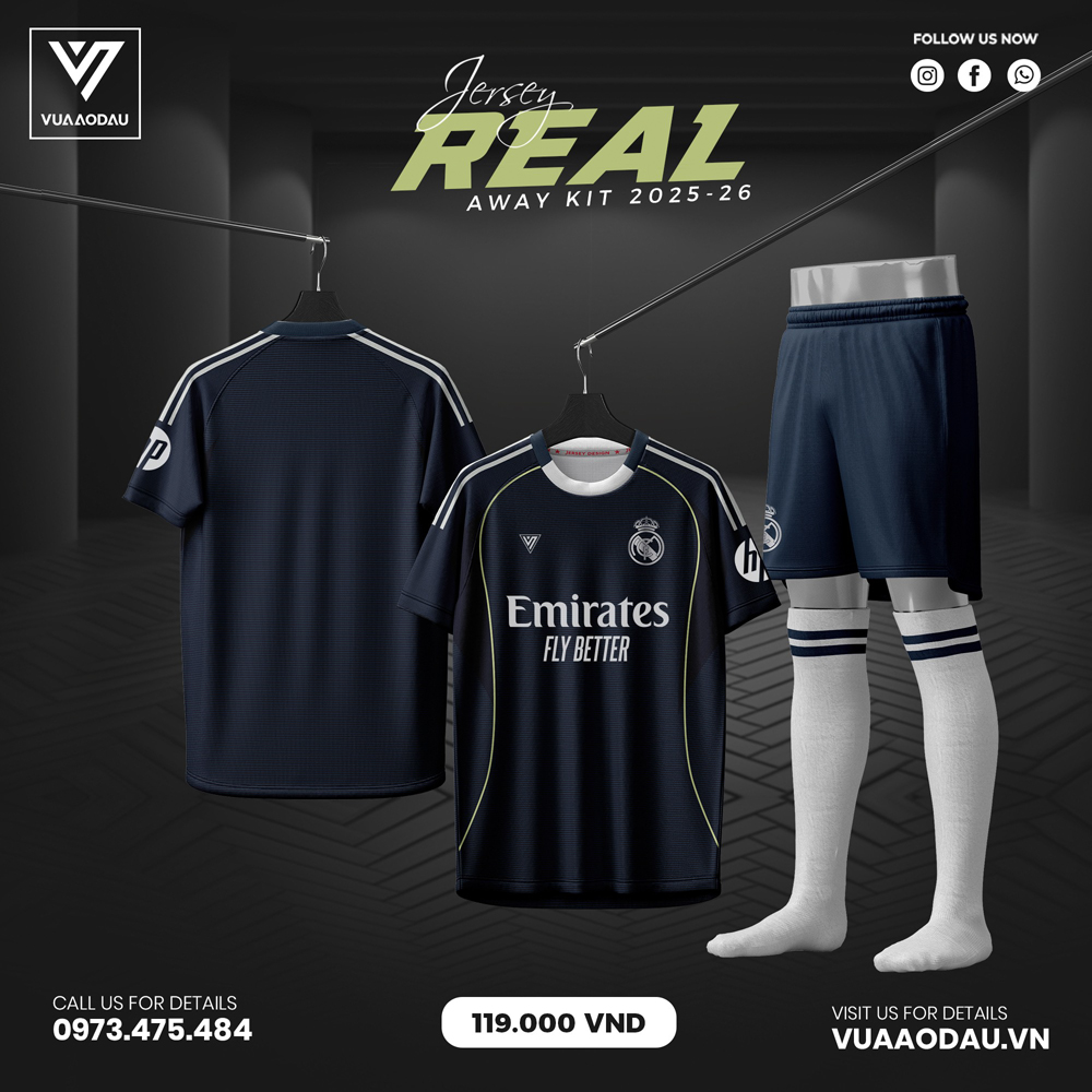 Áo bóng đá Real Madrid Away 2025/26 màu xanh navy phối viền trắng và xanh neon