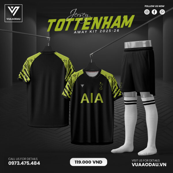 Áo đấu Tottenham Away Kit 2025-2026 - Đen bóng phối xanh neon