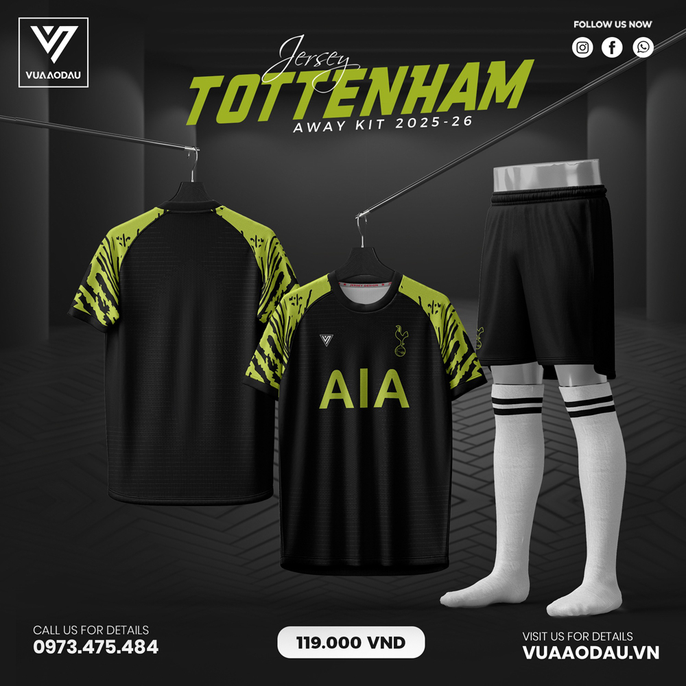 Áo đấu Tottenham Away Kit 2025-2026 màu đen phối xanh neon