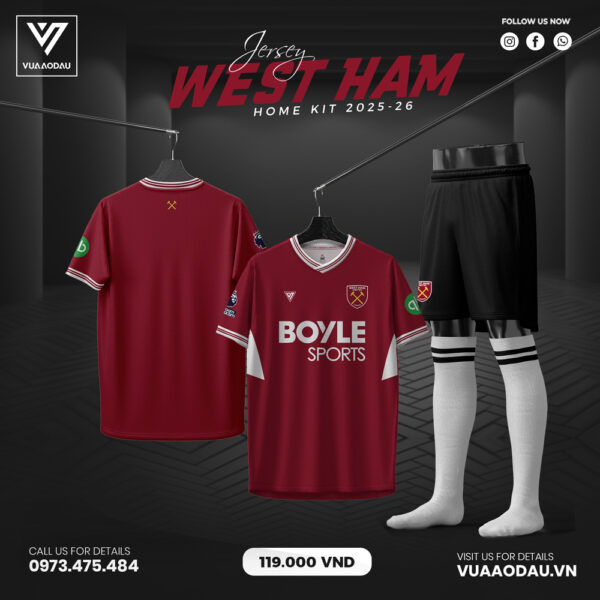 West Ham Home Kit 2025/26 - Đỏ rượu vang cổ điển