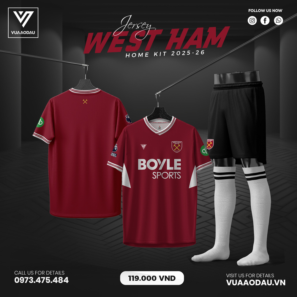 Bộ quần áo West Ham Home Kit 2025-2026 màu đỏ rượu vang