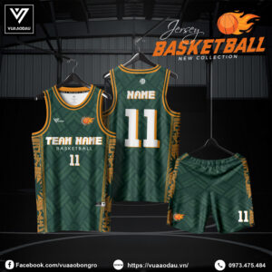 Áo Bóng Rổ Xanh Rừng Viền Vàng Cam 2025 – Mạnh Mẽ & Năng Động
