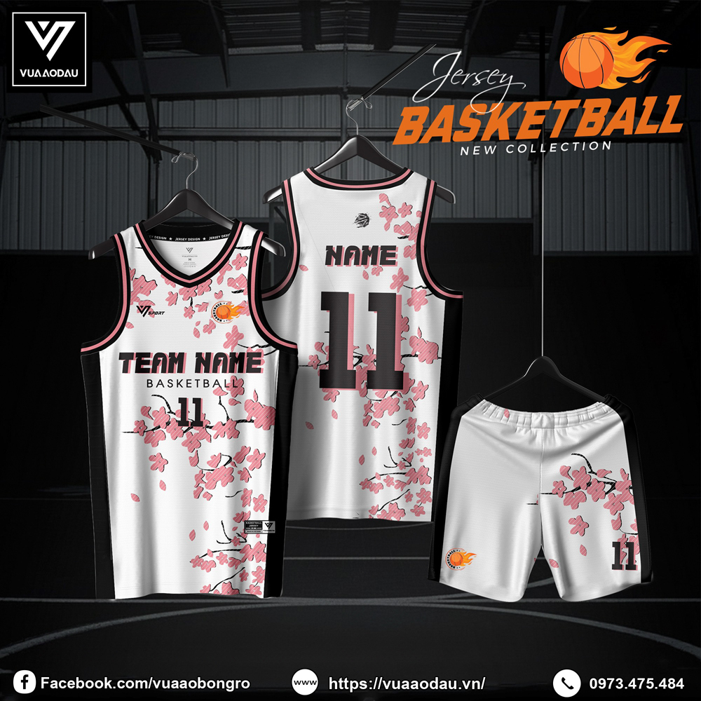 Đồng phục bóng rổ trắng họa tiết hoa anh đào màu hồng nổi bật