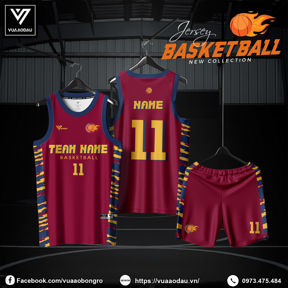 Đồng phục bóng rổ đỏ đô phối xanh vàng – Thiết kế năng động, hiện đại dành cho vận động mạnh