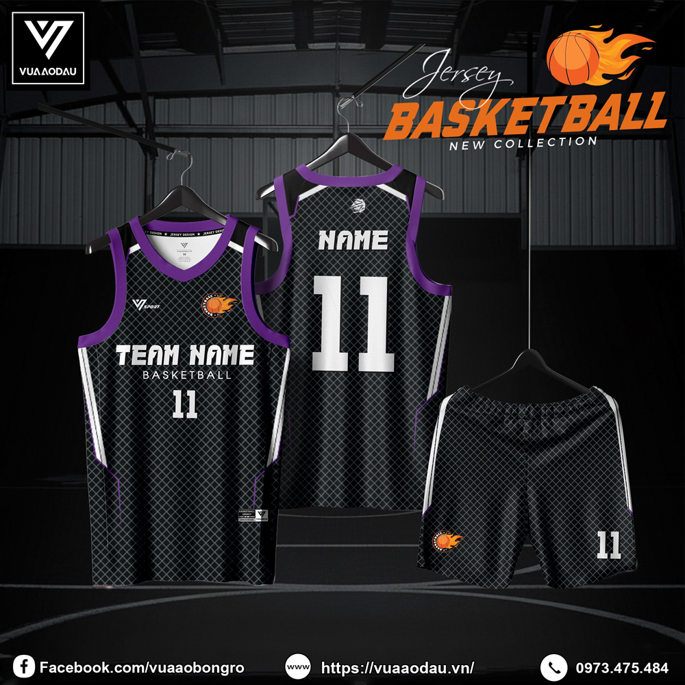 Áo bóng rổ đen caro viền tím - Vua Áo Đấu thiết kế cá tính