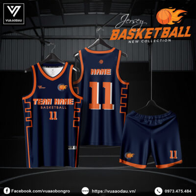 Đồng Phục Bóng Rổ Xanh Navy Đậm Phối Cam - Thiết Kế Răng Cưa Cá Tính