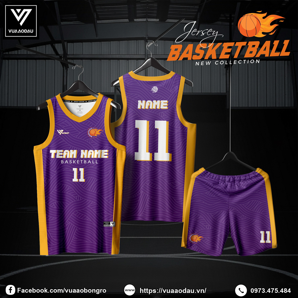 Áo bóng rổ nam nữ phối màu tím vàng - TEAM NAME - Vua Áo Đầu