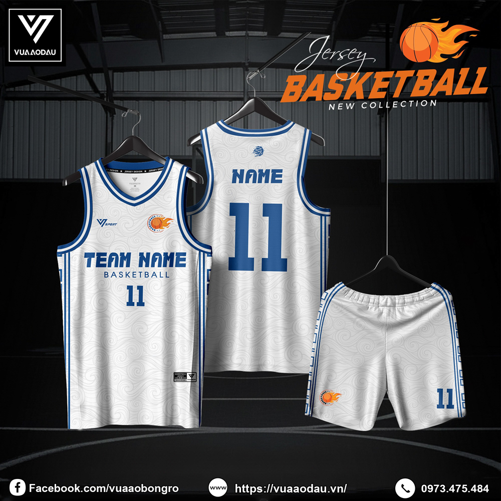 Đồng phục bóng rổ thiết kế màu trắng phối xanh dương – Vua Áo Đấu 2025