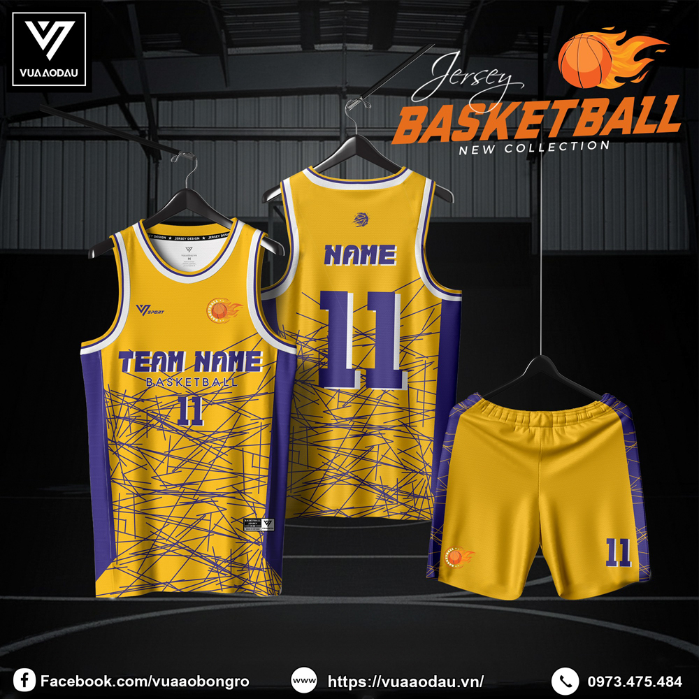Đồng phục bóng rổ màu vàng tươi phối tím xanh đậm năng động - Vua Áo Đấu
