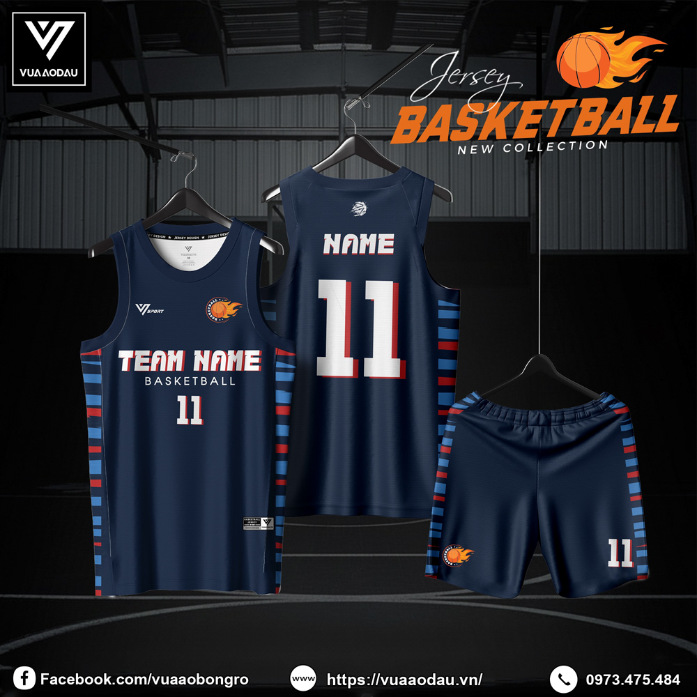 Đồng phục bóng rổ xanh navy phối sọc đỏ xanh – Thiết kế không tay, polyester thể thao thoáng khí