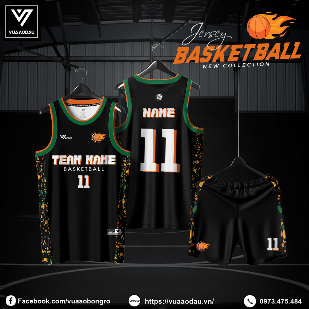 Đồng phục bóng rổ màu đen phối viền cam xanh - Vua Áo Đấu 2025