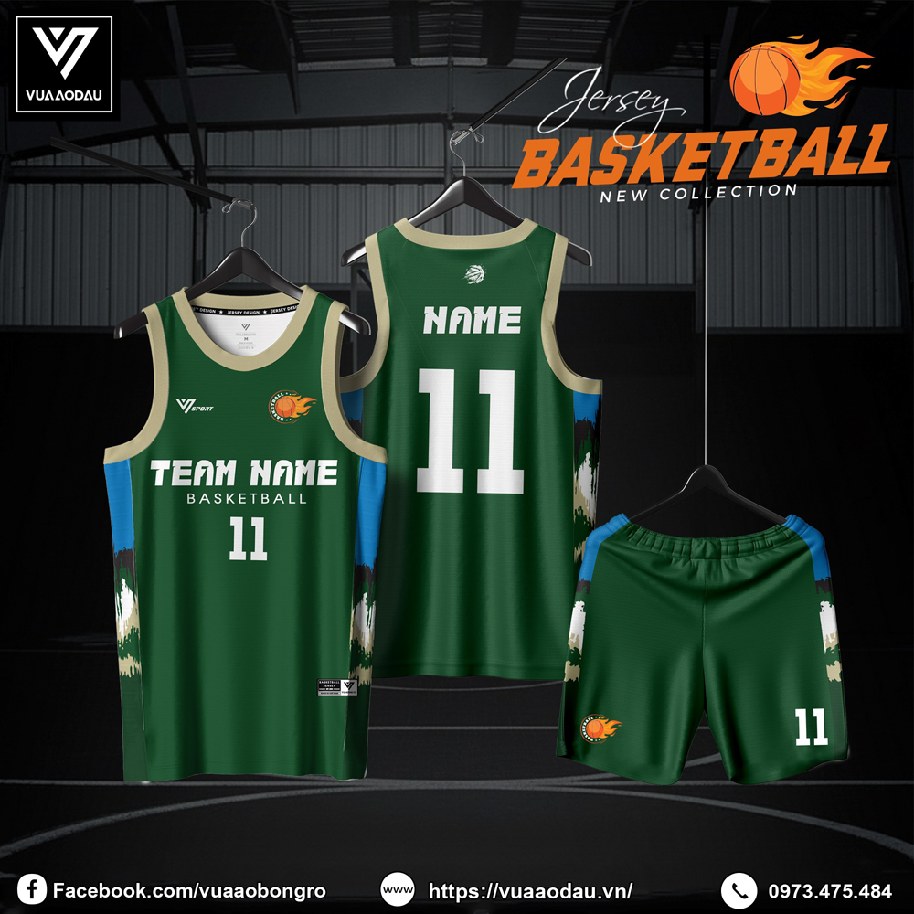 Đồng phục bóng rổ 2025 màu xanh lá đậm với thiết kế núi rừng cá tính
