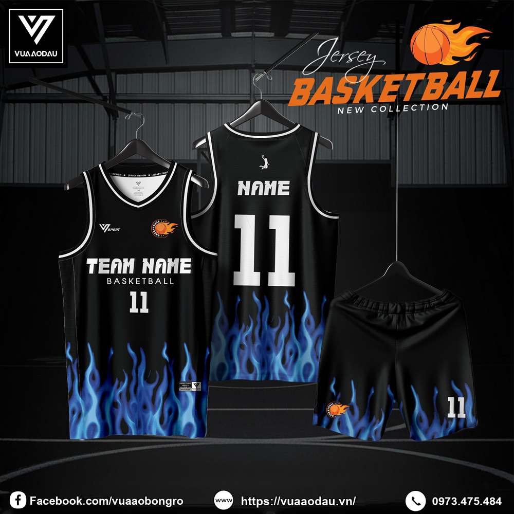 Áo bóng rổ màu đen họa tiết ngọn lửa xanh mạnh mẽ và cá tính