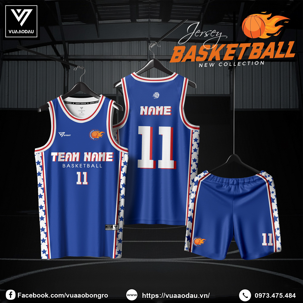Bộ đồ bóng rổ xanh dương đậm với viền đỏ trắng phong cách NBA