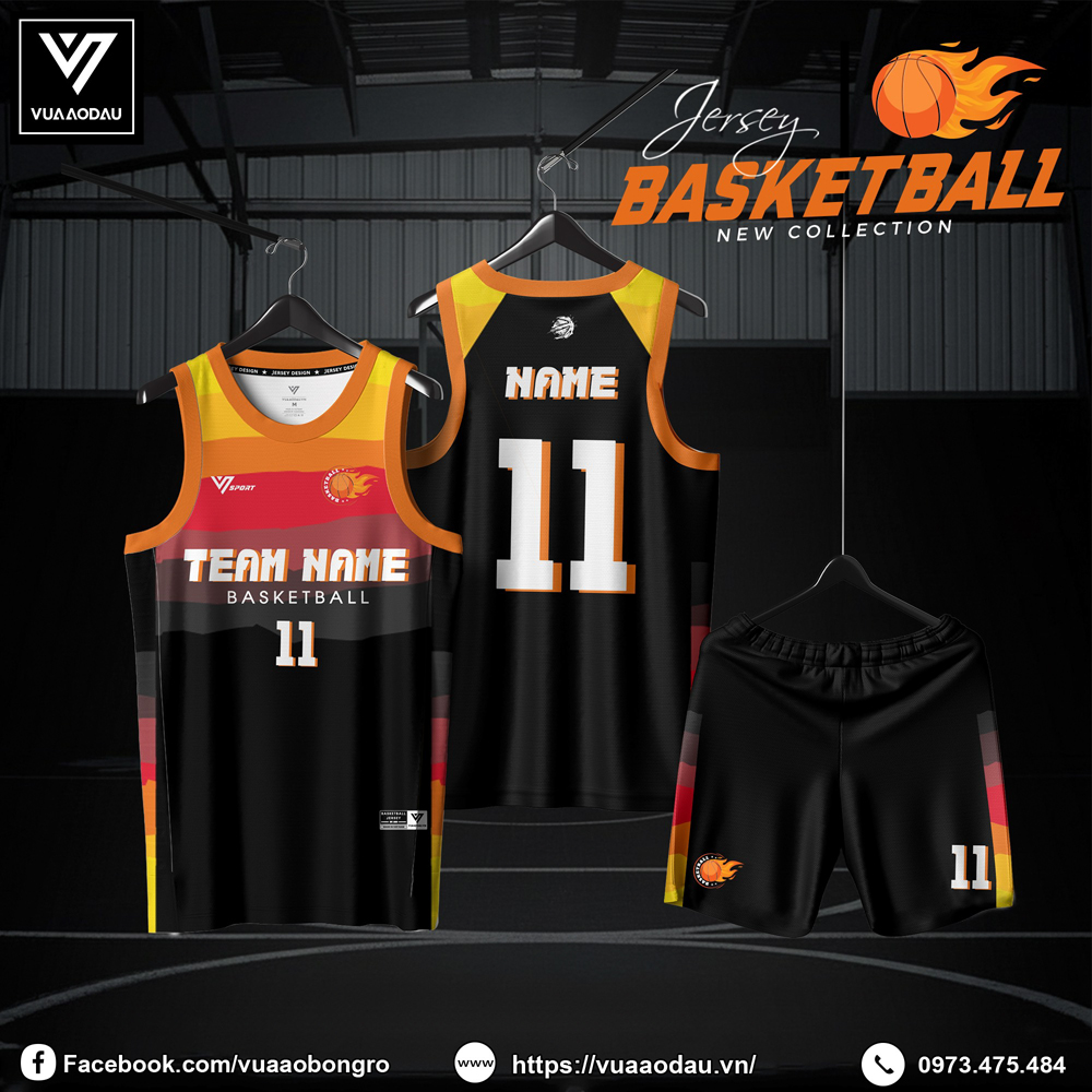 Bộ đồ bóng rổ nam màu đen phối đỏ cam năng động – Vua Áo Đấu 2025-24