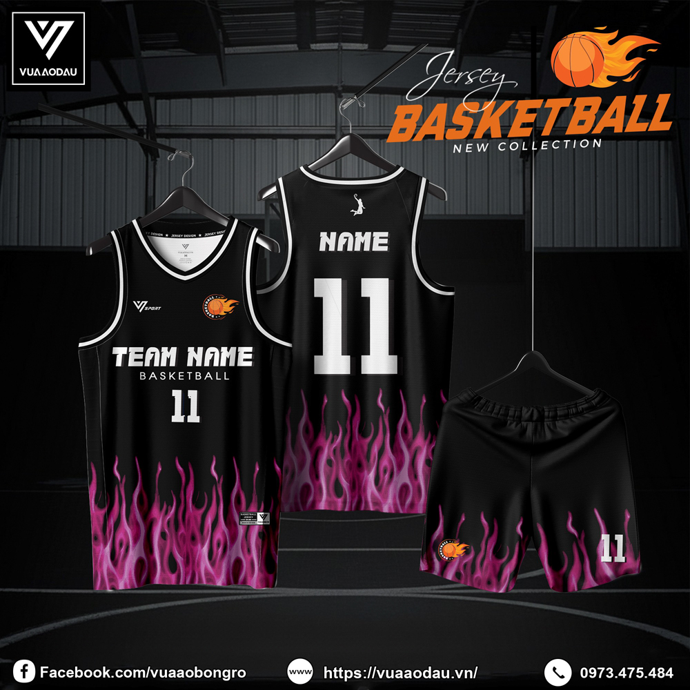 Đồng phục bóng rổ đen lửa hồng tím – mạnh mẽ, chuyên nghiệp và độc đáo