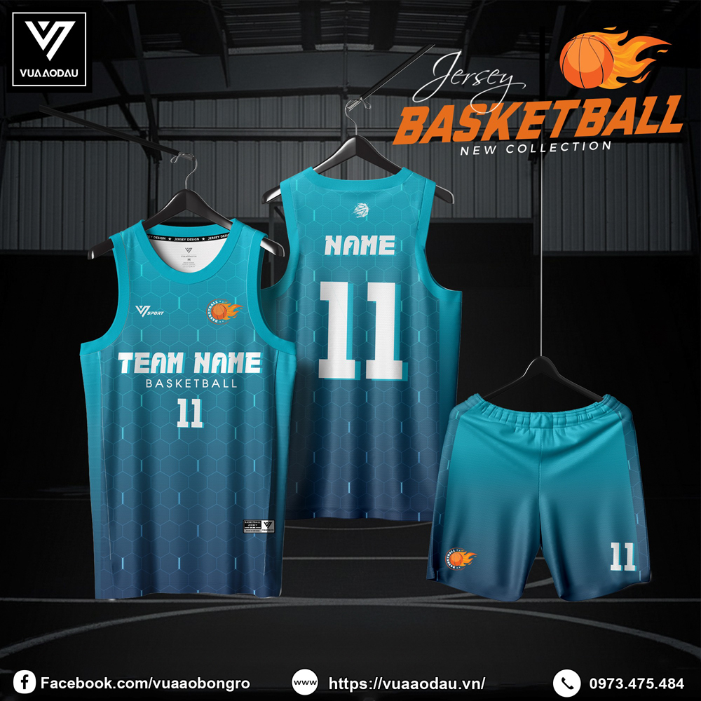 Đồng phục bóng rổ xanh dương chuyển sắc với họa tiết lưới tổ ong