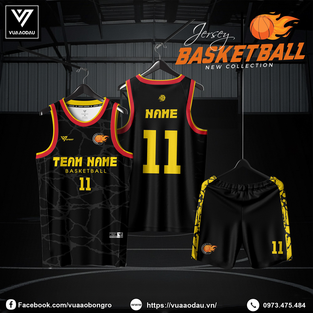Áo bóng rổ màu đen viền đỏ vàng thiết kế thể thao cá tính