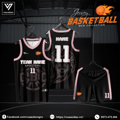 Đồng phục bóng rổ màu đen phối hồng pastel – Gấu chiến binh 2025