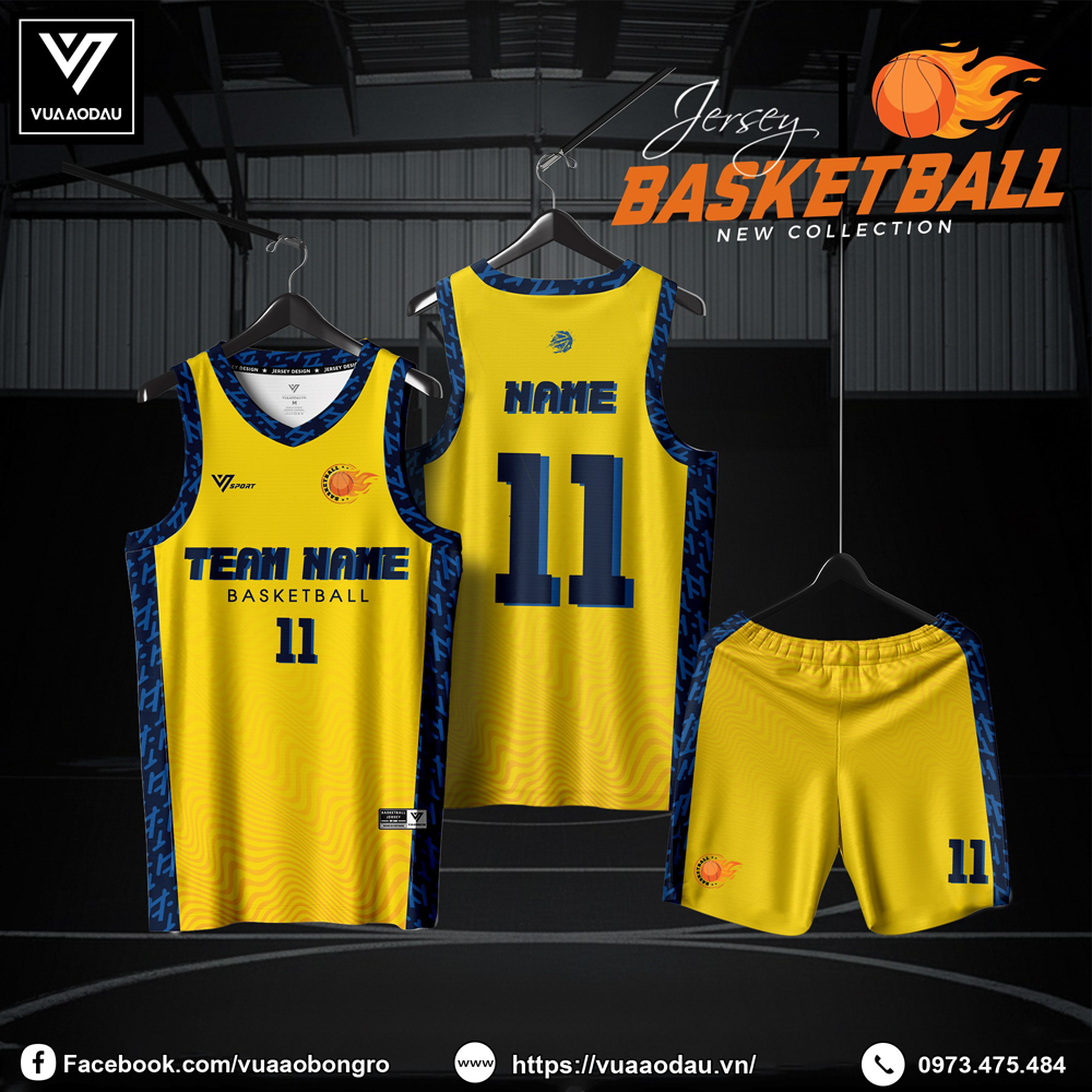 Đồng phục bóng rổ vàng tươi phối xanh navy – Thiết kế thể thao năng động và nổi bật