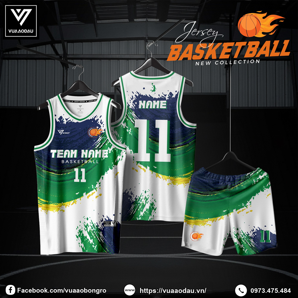 Bộ áo bóng rổ xanh lá phối navy phong cách brush strokes – Vũa Áo Đấu 2025