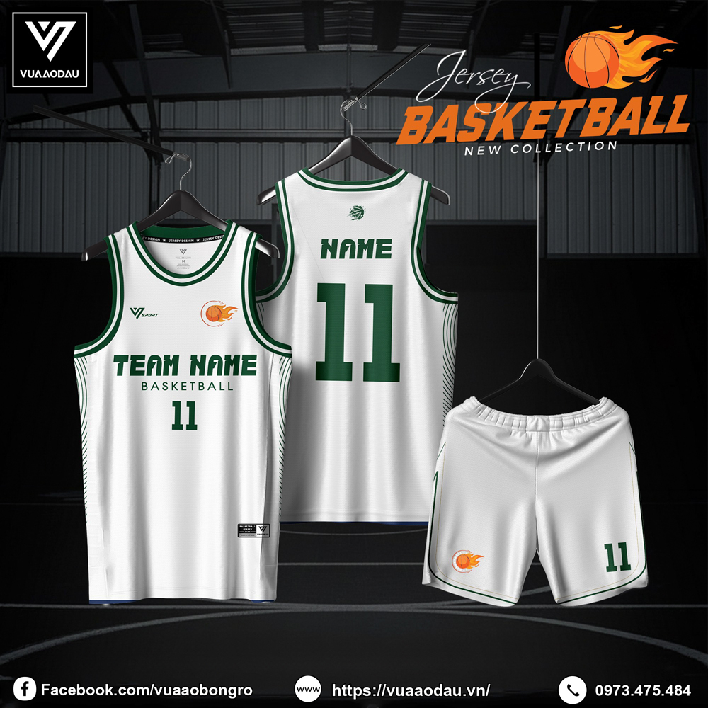 Đồng phục bóng rổ trắng phối xanh rêu Vua Áo Đấu 2025 - Mã 68