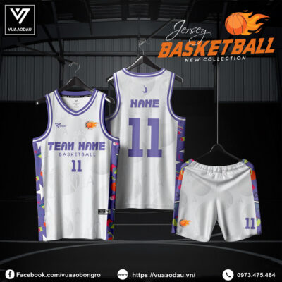 Đồng phục bóng rổ trắng tím phối họa tiết Vua Áo Đấu 2025