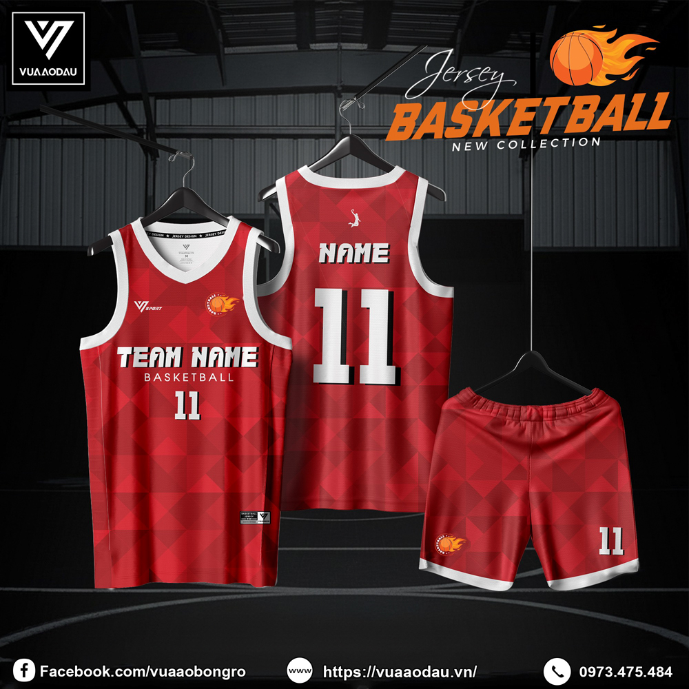 Đồng phục bóng rổ màu đỏ đậm họa tiết hình học, chất liệu co giãn thấm hút tốt