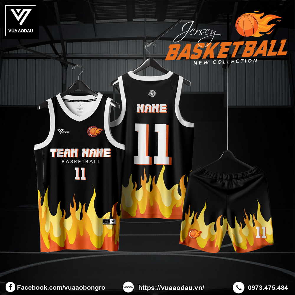 Đồng phục bóng rổ đen họa tiết ngọn lửa vàng đỏ cho nam và nữ
