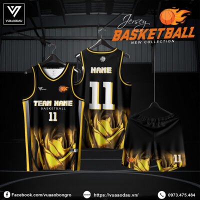 Đồng phục bóng rổ đen vàng hoa hồng cách điệu - Mẫu 91