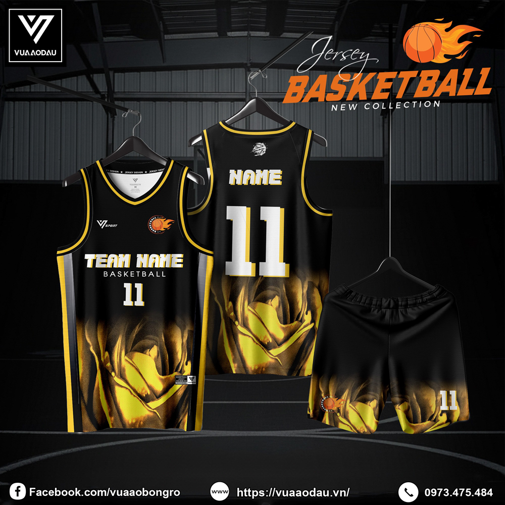 Đồng phục bóng rổ đen vàng hoa hồng cách điệu – Mẫu 91