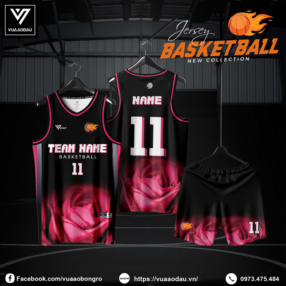 Bộ đồng phục bóng rổ màu đen hồng trắng với họa tiết hoa hồng đỏ