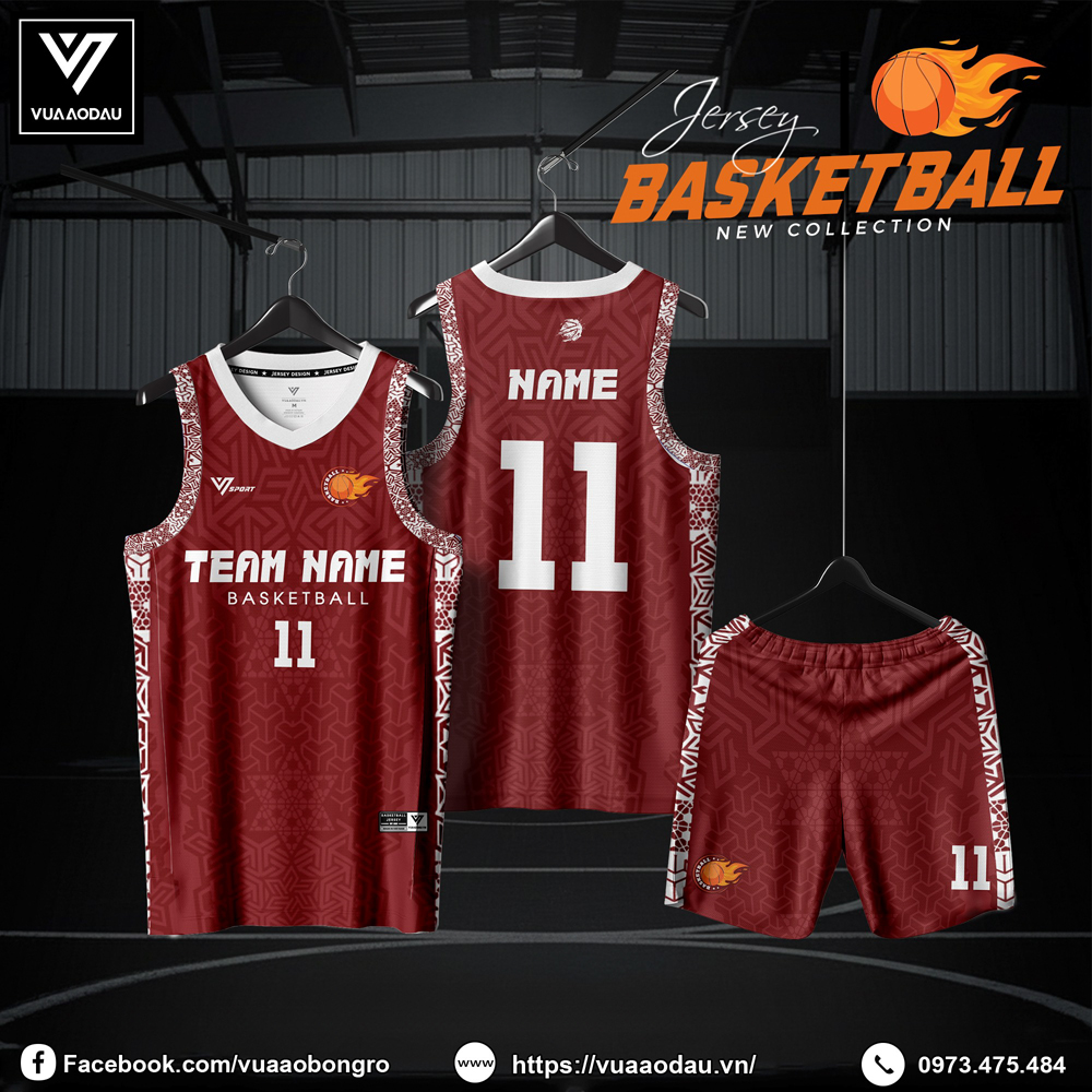 Đồng phục bóng rổ màu đỏ đô với họa tiết tribal và chi tiết trắng nổi bật